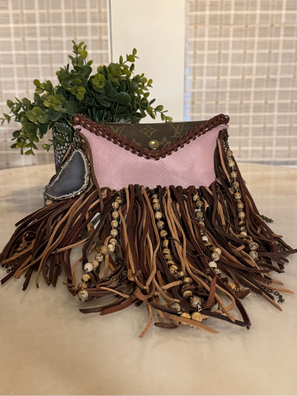 Vintage Boho bags - Fringe Beaded Pink and Brown